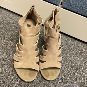 WHBM Nude Suede Peep Toe Heels Sz 9
